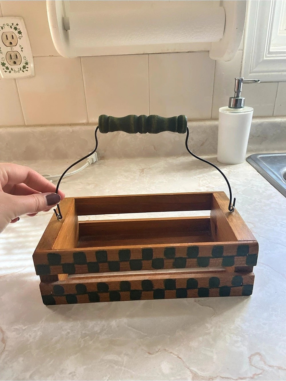 Wooden Storage Basket with Handle in Brown & Green